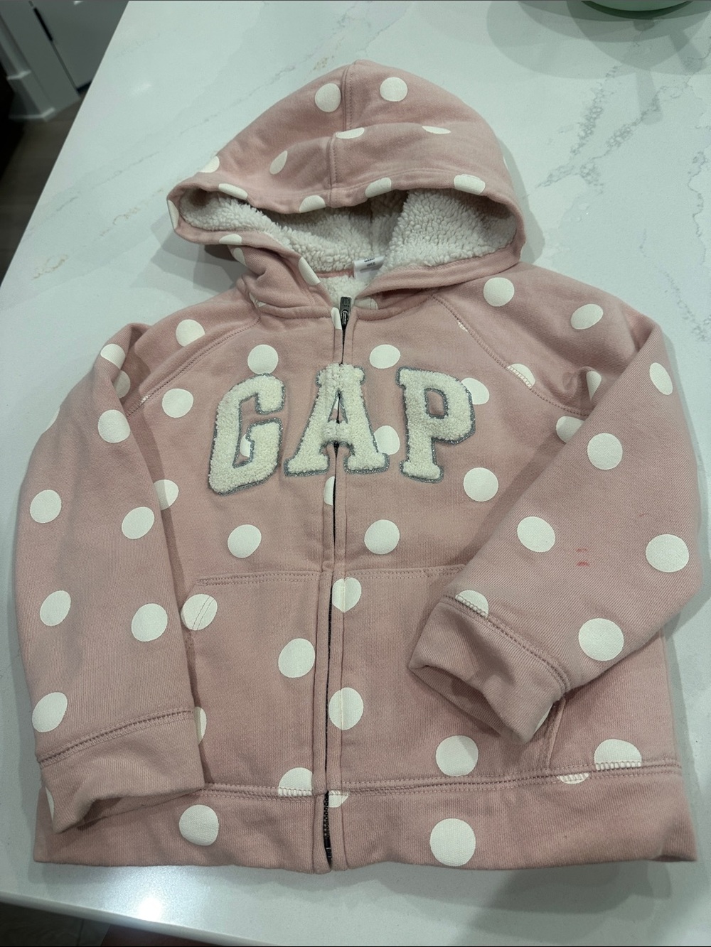 Baby Gap Sherpa filled white polka dot and pink zip up hoodie size 4T
